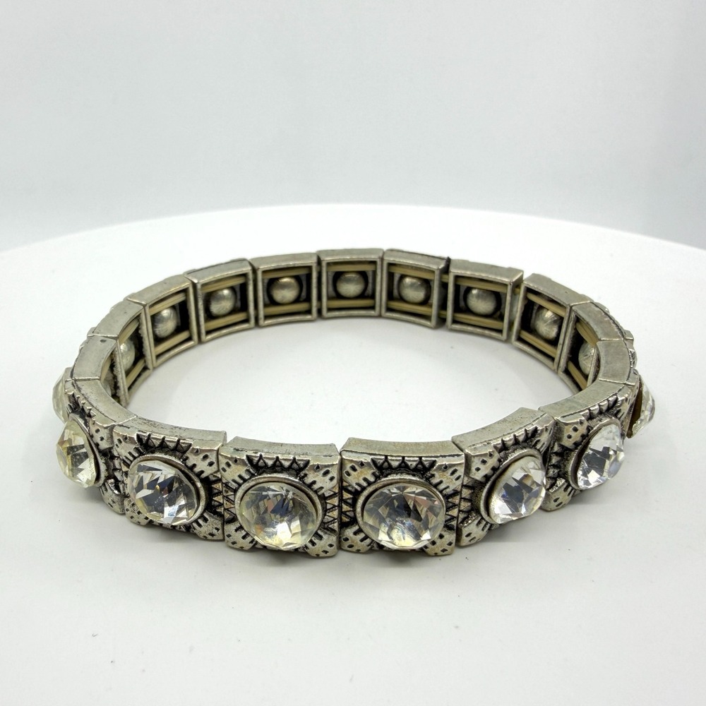 Silver Tone Stretch Bracelet with Clear Faceted Stones Boho Chic Accessory Gift